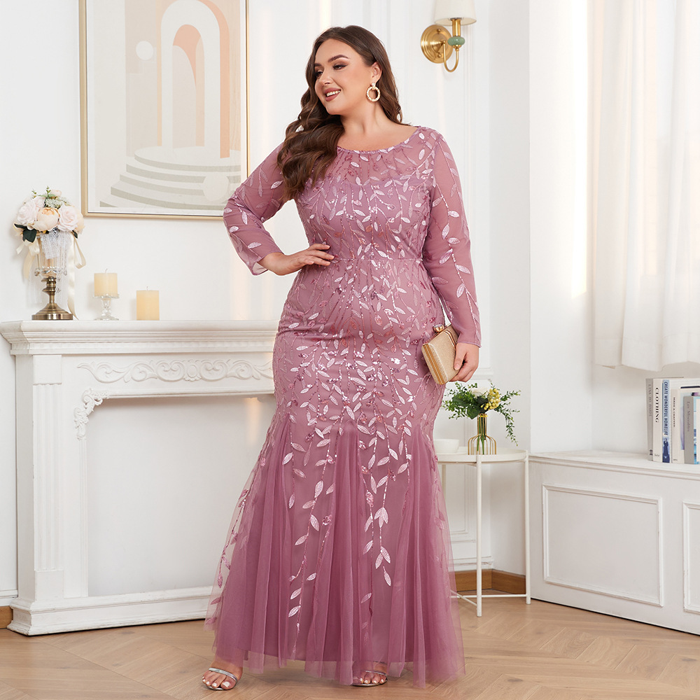 Vestido de noche bordado de talla grande, estilo europeo y americano, superventas transfronterizo 2026, de manga larga, cuello redondo, totalmente forrado, con cremallera trasera y corte de cola de pez.