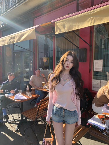 Snowflake cotton [Half-baked sweet heart] lace one-shoulder strap sexy off-shoulder V-neck short-sleeve t-shirt for women