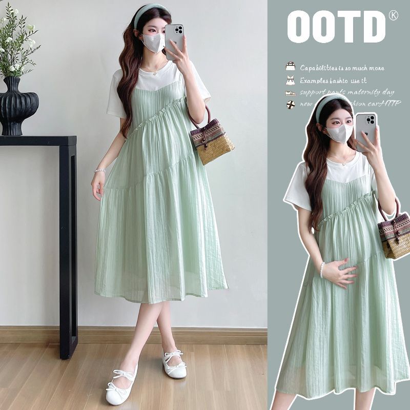 Maternity Summer Dress with a Faux Two-Piece Design, 2025 New Style, Loose Fit, Slimming, Fresh Style with Spaghetti Straps and Ruffle Details