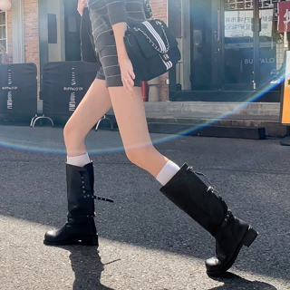 头层牛皮长靴女2026新款粗跟骑士靴复古真皮高筒靴皮带扣辣妹长筒