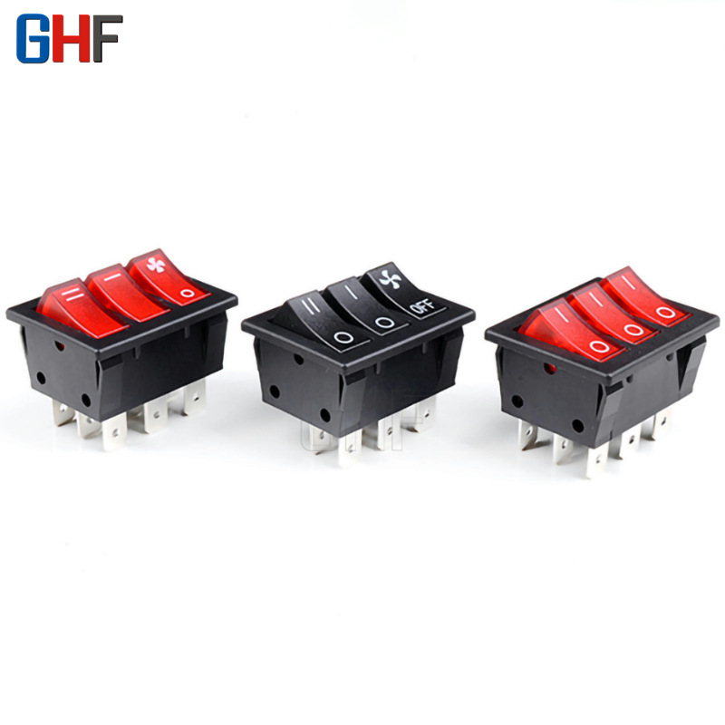 三联红色带灯9脚2档 船型开关KCD3-303 3合1组合翘板15A电源开关