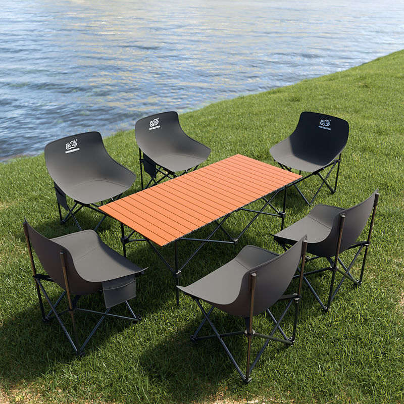 2025 업그레이드 강화모델 + 휴대용 수납벨트 - 오렌지 [120*55*50cm 긴 테이블] + 블랙 의자 6개