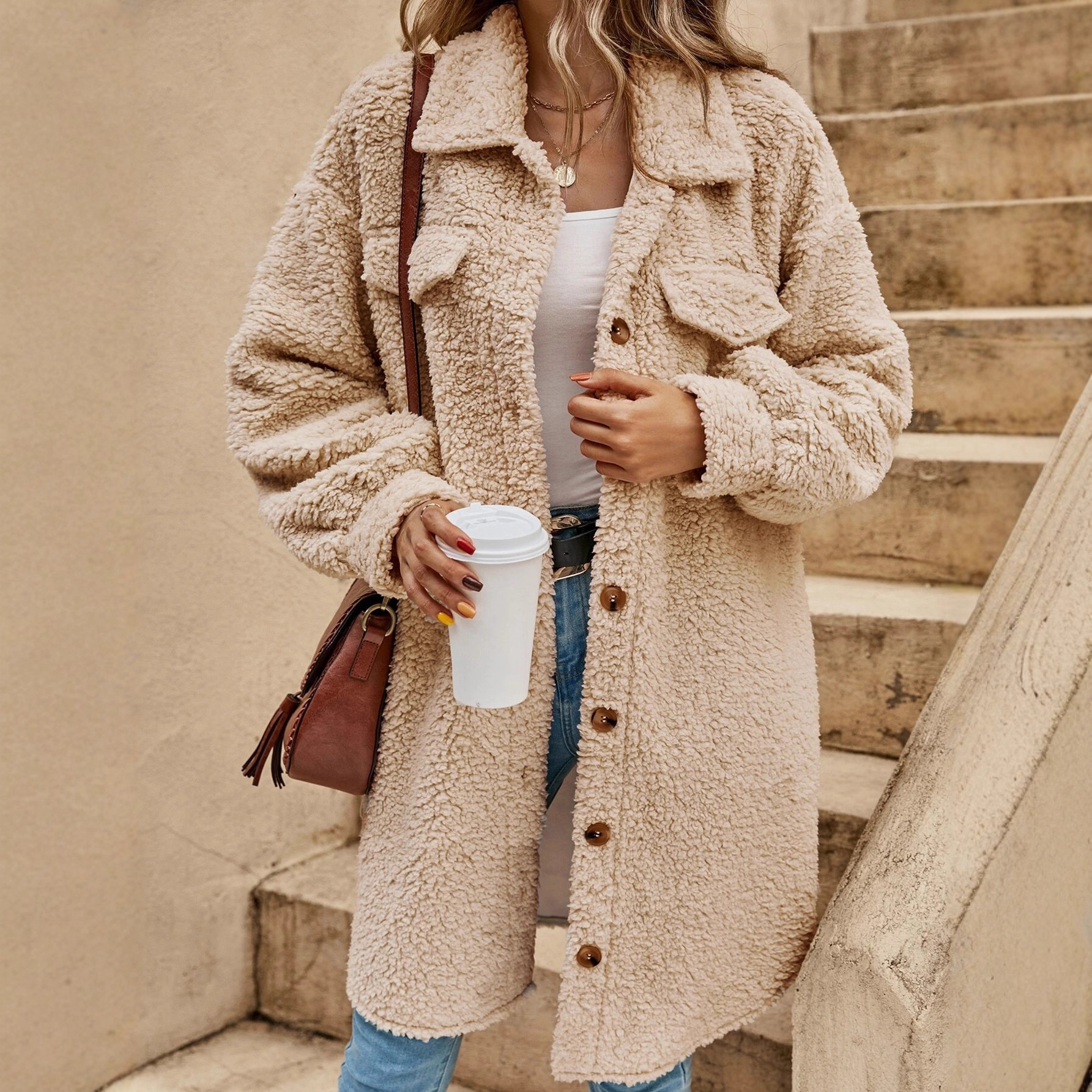Winter Open-Button Lapel Plush Jacket Loose Temperament Long Coat For Women_ecoleips.com