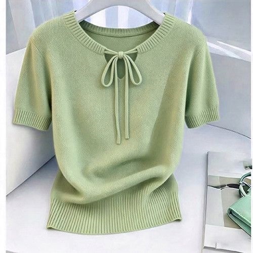 Áo thun nữ tay ngắn cổ tròn dáng rộng chất liệu dệt kim mỏng mùa hè — Xanh lá cây nhạtcolor, Màu tím. chi tiết 9