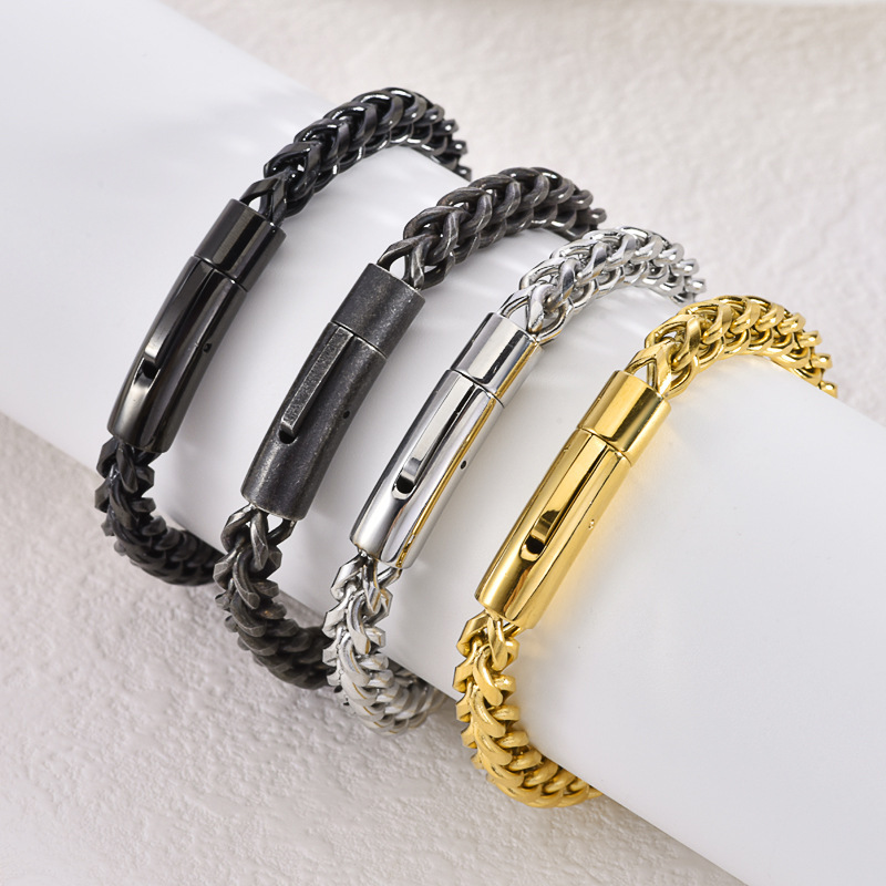 Cross-border trend round grinding spring button stainless steel titanium steel chain bracelet simple domineering fashion men's hand jewelry chain