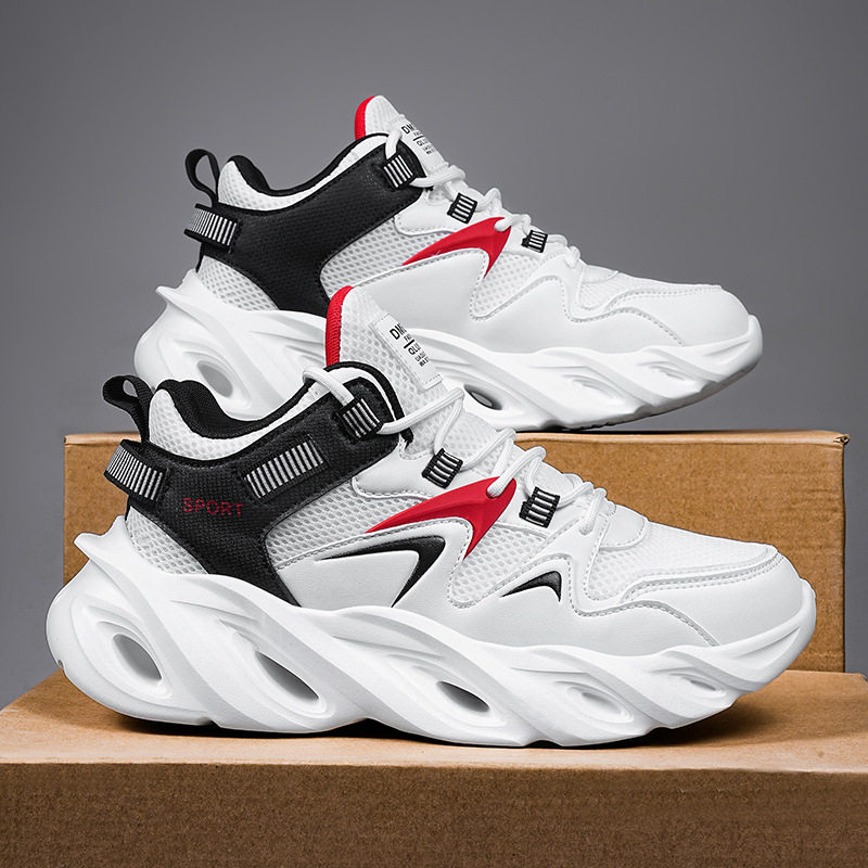 Giày thể thao nam cỡ lớn đế dày tăng chiều cao, thân lưới thoáng khí, kiểu dad shoes chạy bộ — 2607 màu đen, 2607 đen trắng xám, 2607, màu đen, trắng và đỏ