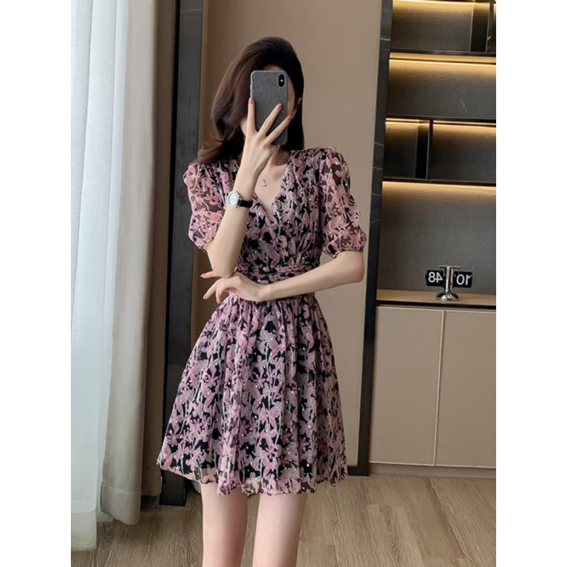 Gold-Stamped Purple Floral Dress for Women, 2025 Summer New High-End Petite Chiffon Popular Dress