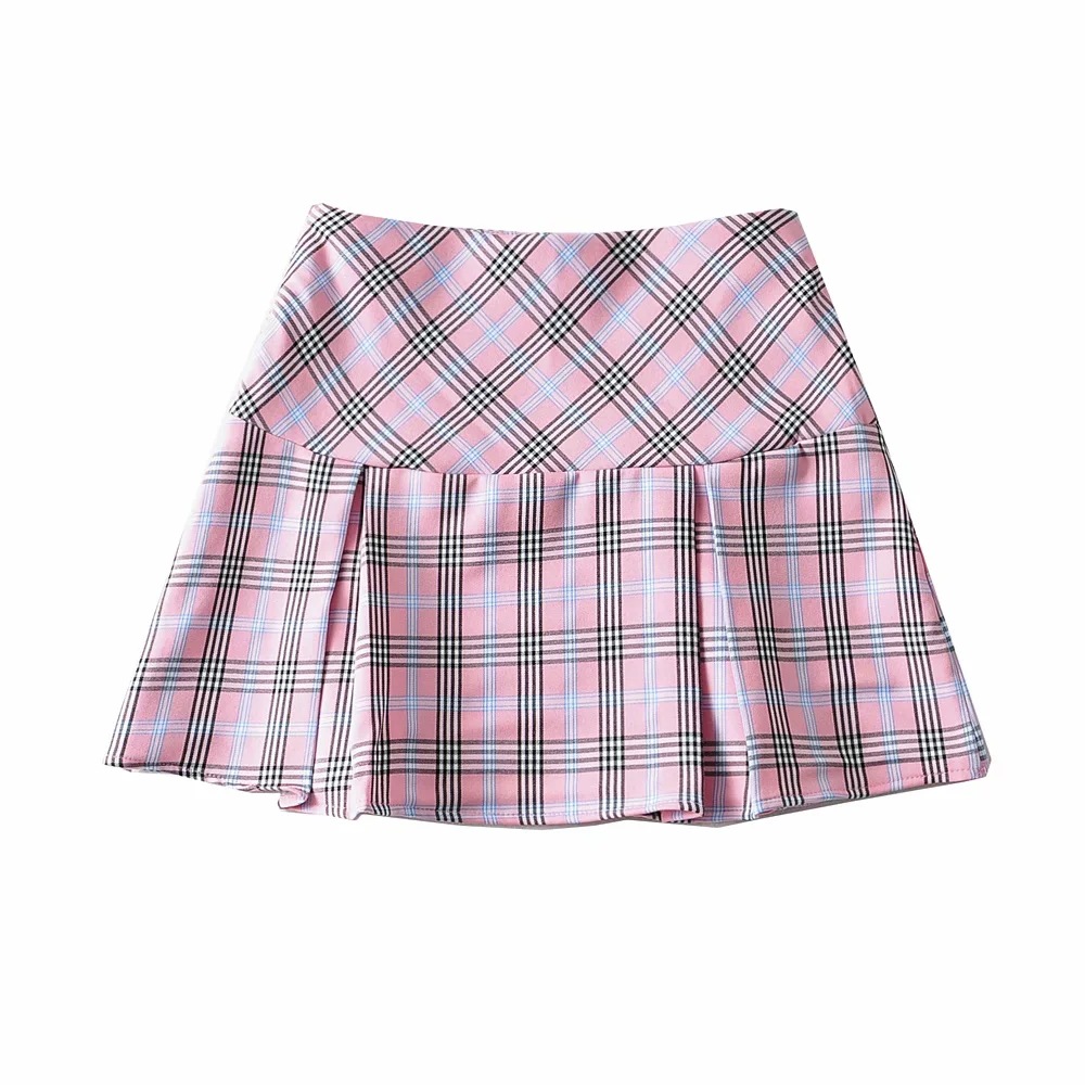 High waist stitching thin pressure pleated plaid skirt  NSAC52931