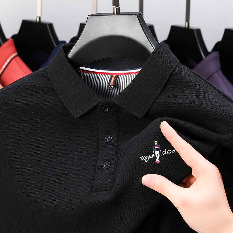 American-style long-sleeved polo shirt for men, new spring and autumn style, collared, pure cotton, embroidered, for middle-aged and young adults.