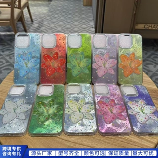 适用iPhone16苹果17promax手机壳14闪粉15plus花朵13保护套