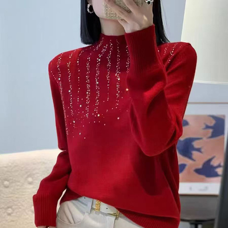 Elegant Rhinestone Sequin Base Shirt for Women, New Autumn and Winter Style, Half-High Collar Knit Sweater, Loose Fit, Warm Inner Layer