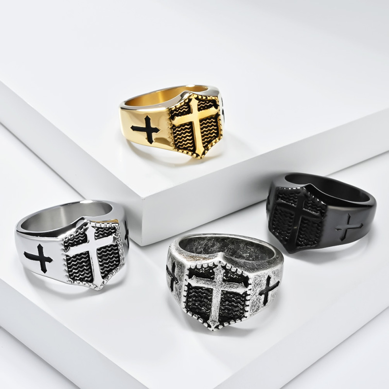 Personalized Retro Vintage Fashion Titanium Steel Cross Ring for Men, Simple and Trendy Daily Wear Hand Accessory