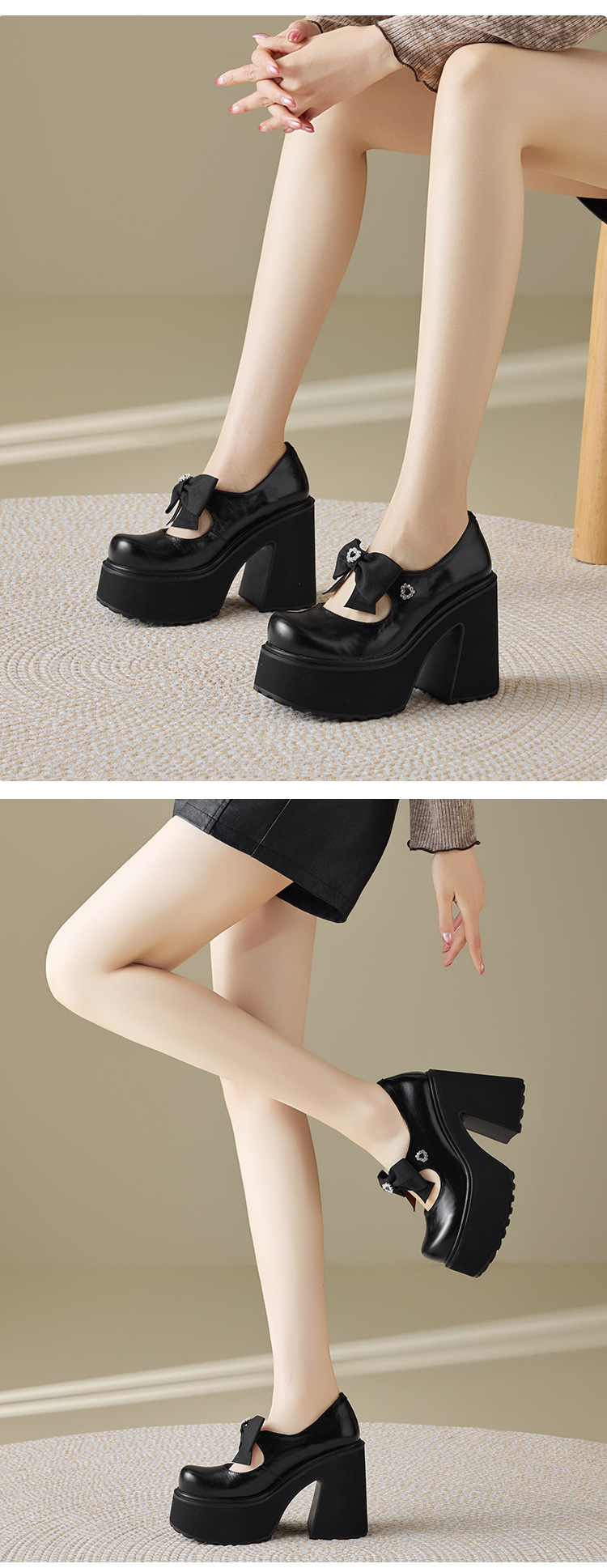 Giày Mary Jane nữ da thật đế dày gót vuông siêu cao 12 cm nơ bướm phong cách Pháp — màu đen chi tiết 6