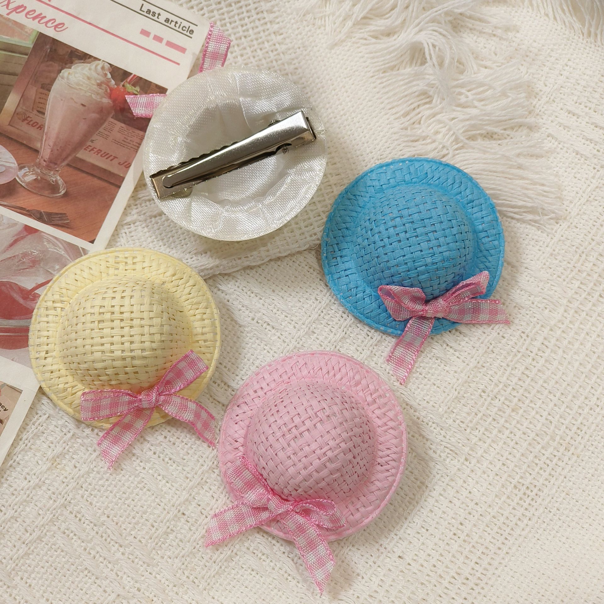 Ins Cute Bow Braided Straw Hat Mini Hairpin Duckbill Clip Small Fresh Female Japanese Style Decorative Hairpin Wholesale