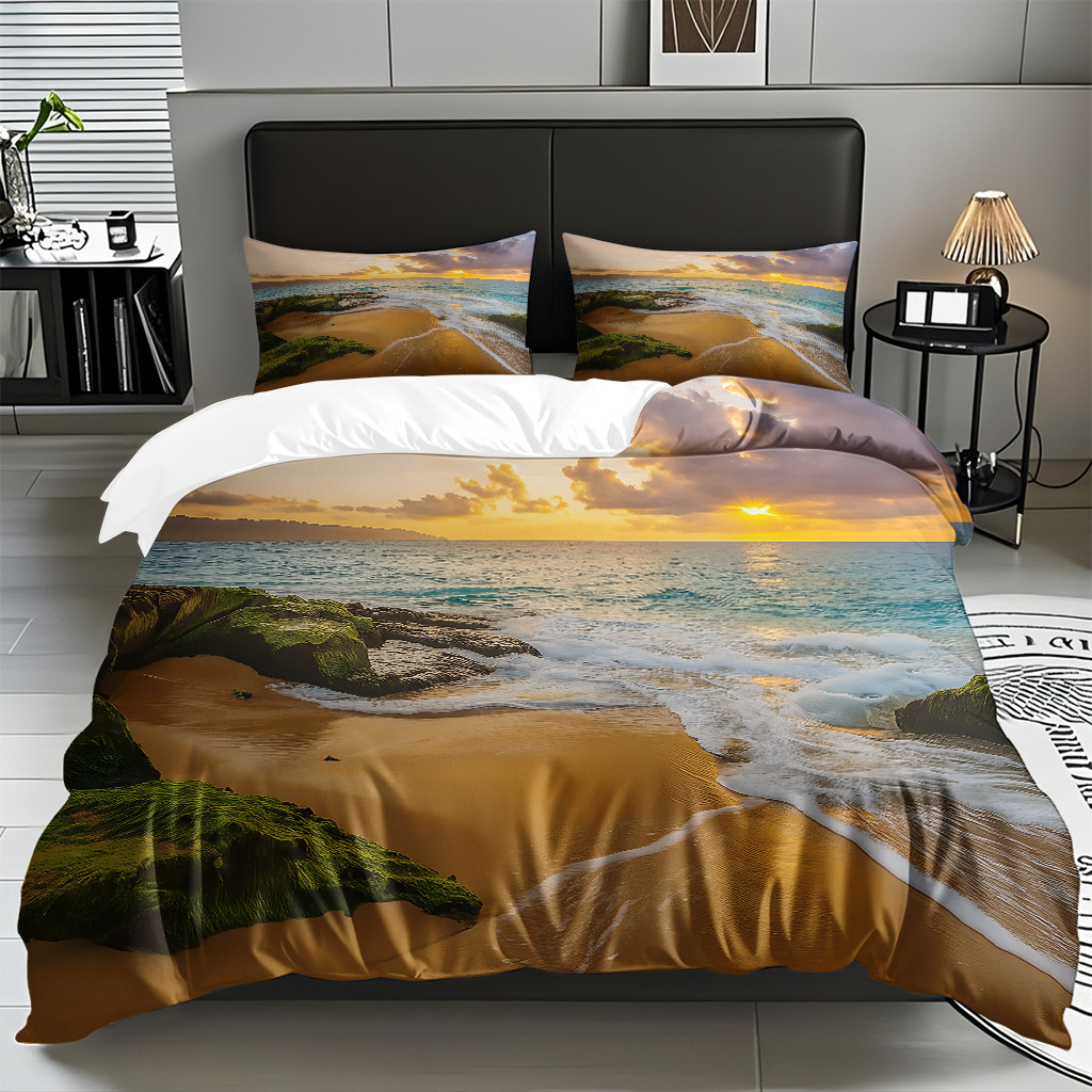 TEMU / JIT transfronterizo textil doméstico mar hermoso paisaje impresión colcha colcha de almohada fuente fábrica para la imagen se puede fijar
