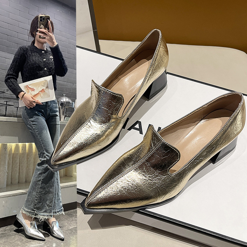High Heels 2025 Spring New Women's Shoes Pointed Golden Fashion Shoes Thick Heel Mid Heel Fashion Shoes silver Deep Mouth Single Shoes