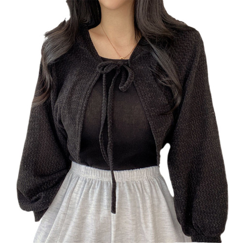 Spring and summer new style white strap lantern sleeves thin style simple loose all-matching sun-drying cardigan short coat for women
