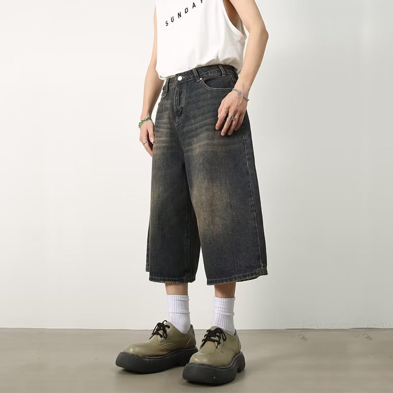 Nirben Denim | New American Retro Old Denim Shorts Joker Loose Wide Leg Straight Pants
