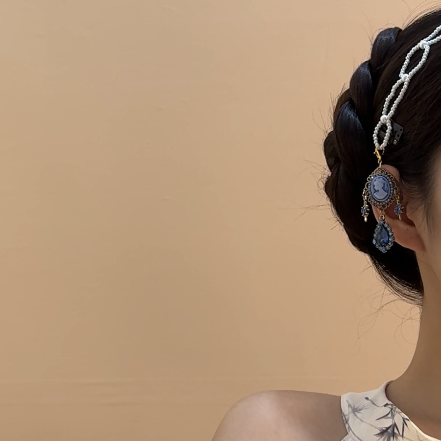 Blue Embossed Design~2026 New Pearl Chain Hair Accessory, Vintage Chinese Style Updo Side Tassel Hair Ornament