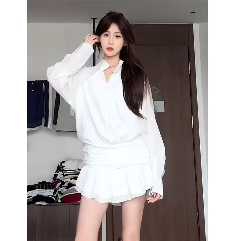 Korean Style Hot Girl Long-Sleeved Shirt Dress Female Pure Lust High-End Ruffled Skirt 2025 Early Autumn New Style