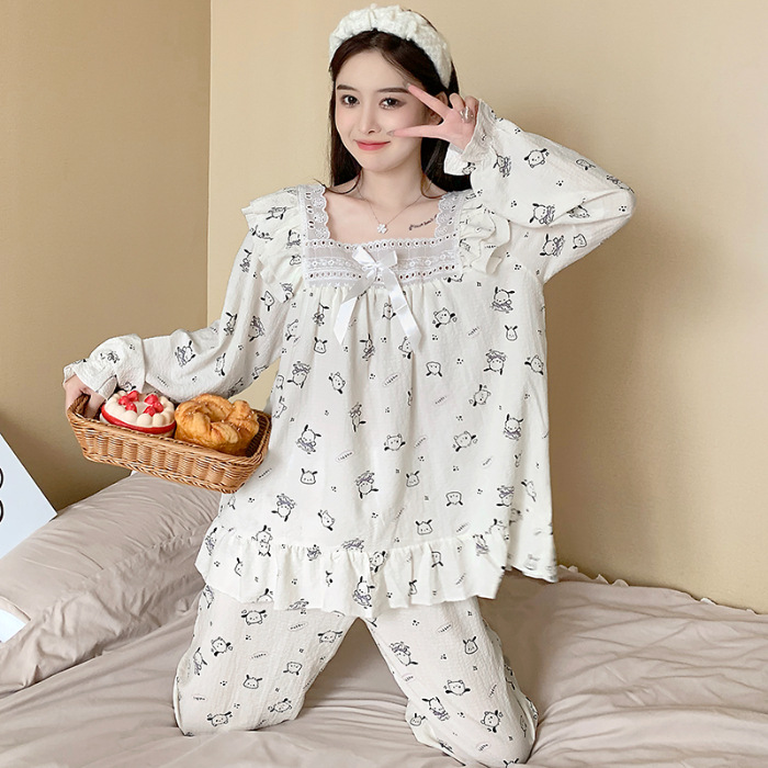 Estilo coreano Chanel estilo pijamas de las mujeres tejido crepe encaje algodón manga larga Otoño e Invierno dulce desgaste del hogar traje