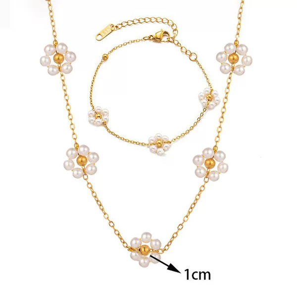 Cross-Border Wholesale Fashion Jewelry Small Fragrance Flower Pearl Titanium Steel Necklace Bracelet Set Niche Design High-End