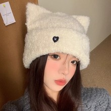 帽子女针织可爱猫耳朵针织帽爱心刺绣针织毛线帽冬季保暖护耳冷帽