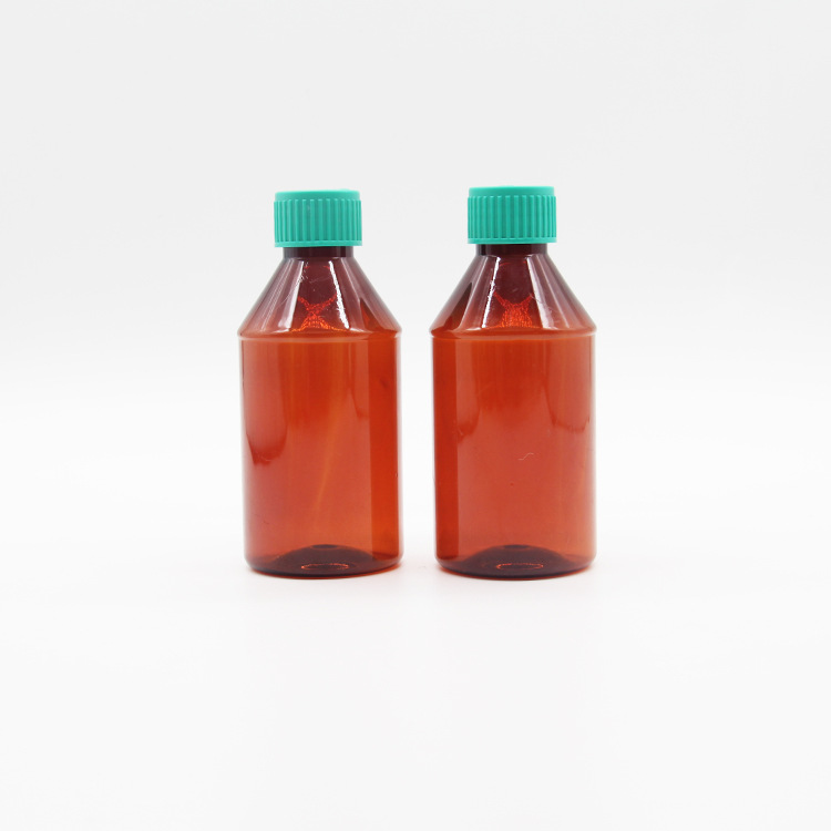 批发代加工200ML棕色斜肩保险盖PET塑料瓶糖浆瓶