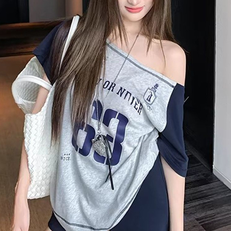 American-Style Loose-Fitting Asymmetrical Shoulder Sports Short-Sleeve T-Shirt, Summer Casual Relaxed Feel, Lettered Off-Shoulder Color-Blocking Versatile Top Wholesale