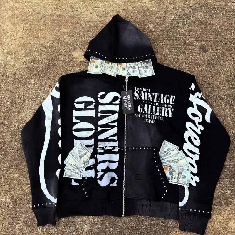 Men's Clothing Harajuku Retro High Street Cardigan Jacket Top American Hip Hop Trend Street Zipper Sweatshirt Unisex_viptrois.com