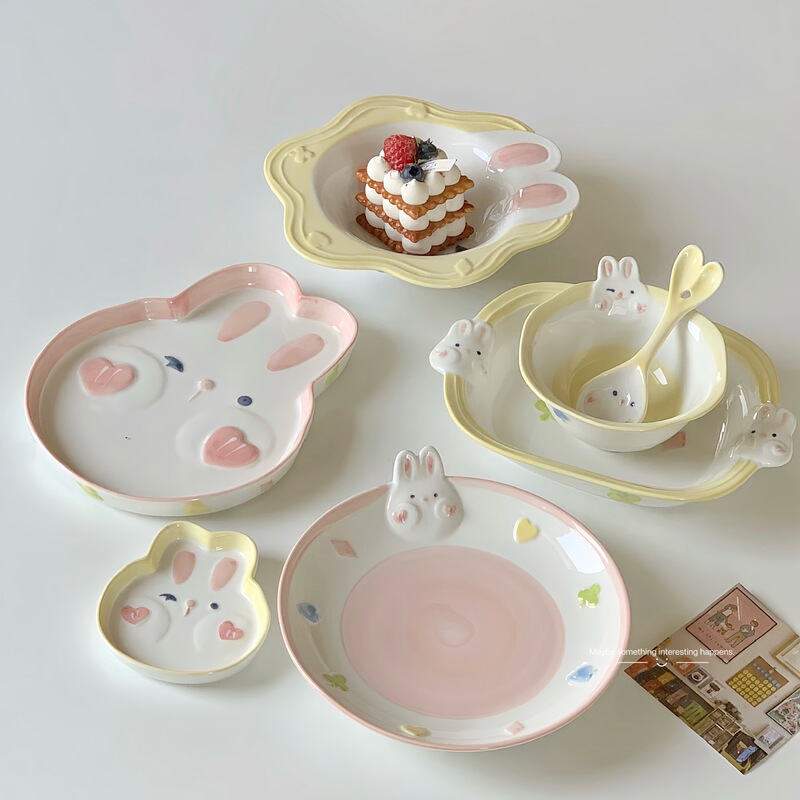 Girls High-value Tableware Bobo Rabbit Ceramic Underglaze Color Bowl and Dish suit Ins Style Dining Bowl Dessert Yogurt Bowl