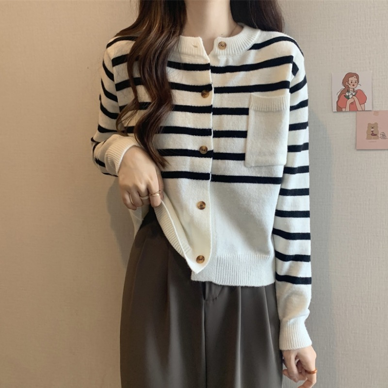여성용 게으른 스타일 레트로 스웨터 코트 여성용 게으른 스타일 슬리밍 벨리 커버 스트라이프 긴 소매 스웨터
