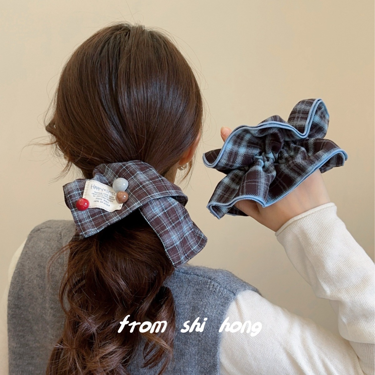 women‘s korean-style maillard plaid square scarf with low ponytail temperament hair band bun headband hair accessories