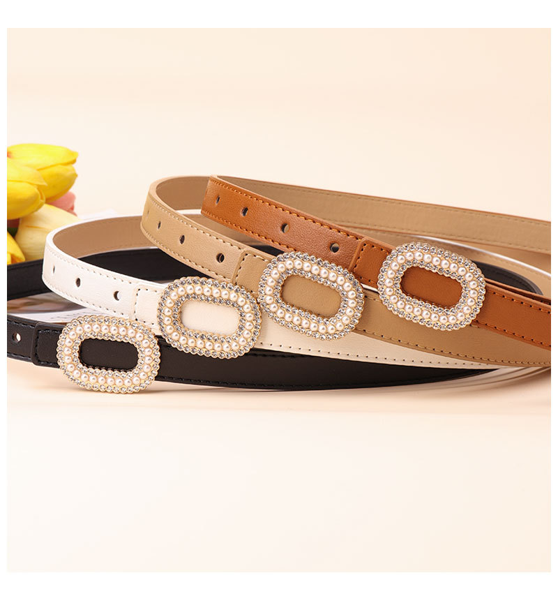 Daily Occasion Pu Leather, Alloy Material Elegant Simple Style Solid Color Pu Leather Alloy Inlay Rhinestones Pearl Women's Leather Belts