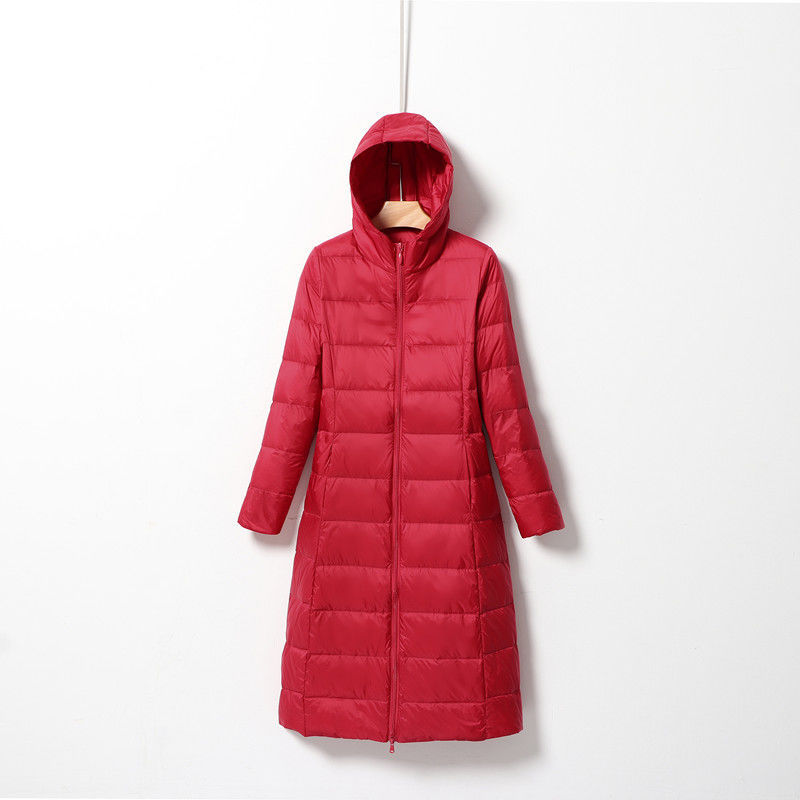Transfronterizo otoño y invierno nuevo chaqueta de pluma ligera para mujeres largas rodillas alargadas con capuzas delgada chaqueta coreana