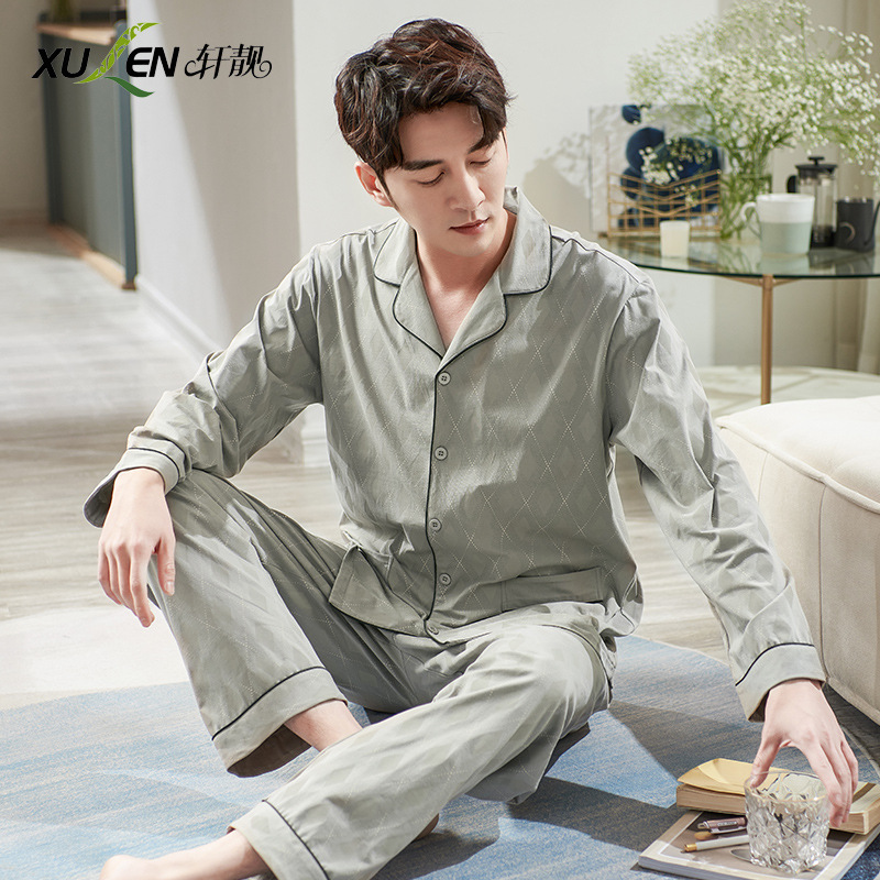Pijamas de los hombres de primavera y otoño primavera 100% algodón de manga larga juventud otoño suelta ropa exterior homewear traje de los hombres