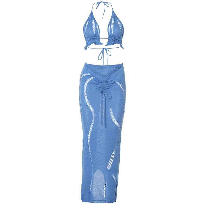 Suit Summer Women Clothing Sexy Cutout Lace Up Backless Top Drawstring Dress