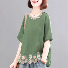 2025夏装新款大码遮肉减龄复古洋气时髦绣花套头棉麻T恤女