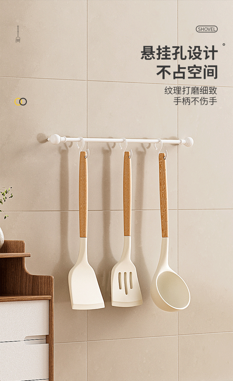 Mutfak yapışmaz tava ahşap saplı paslanmaz çelik silikon spatula, yüksek sıcaklığa dayanıklı, haşlanma önleyici, kaymaz, ev tipi gıda sınıfı silikon spatula ve kaşık.