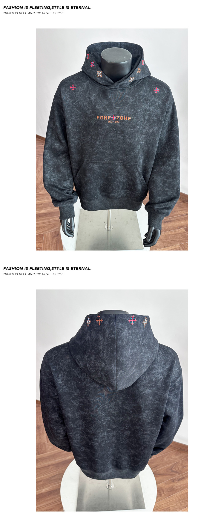 Men's Embroidered Hoodie Sand-washed Cotton Pullover Spring Style_voghion.com