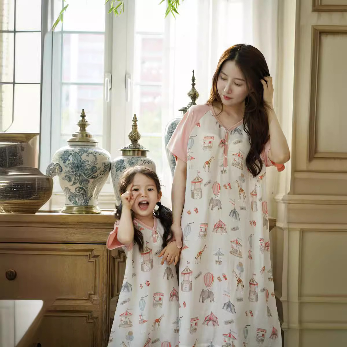 대나무 면 부모-어린이 홈 옷 여름 경량 모기 방지  잠옷 어머니 잠옷 부모-자식 옷 홈 세트