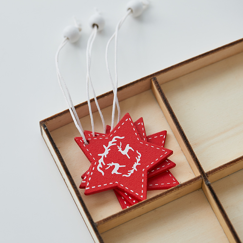 Colgante pequeño en caja de madera transfronteriza Árbol de Navidad Colgante rojo Navidad nórdica Copo de nieve Colgante de madera de alce de cinco estrellas