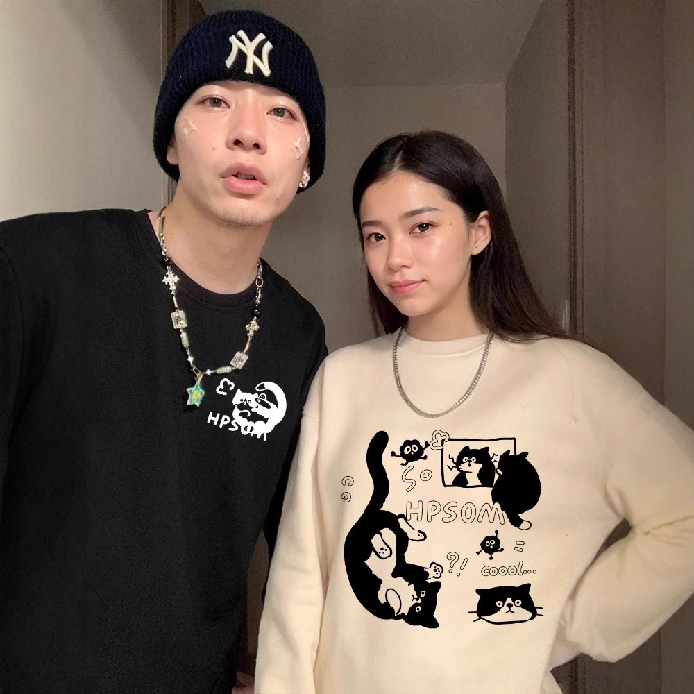 크루 넥 멜란지 그레이 고양이 기모 두꺼운 땀 여성의 가을과 겨울 느슨한 게으른 스타일 코튼 무거운 폭발성 탑