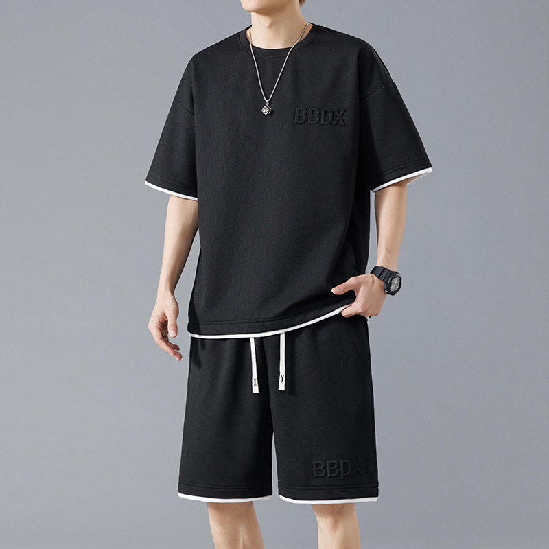 Waffle Summer tallas grandes casual traje de tendencia de manga corta para niños, transpirable, versátil, guapo, suelto, deportivo de dos piezas