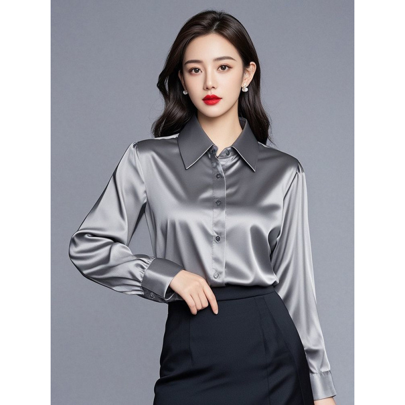 High-grade Elegant Professional Acetate Satin Grey Shirt Women's Long-sleeved Spring and Autumn Silky Draped Base Shirt High-grade Elegant Professional Acetate Satin Grey Shirt Women's Long-sleeved Spring and Autumn Silky Draped Base Shirt