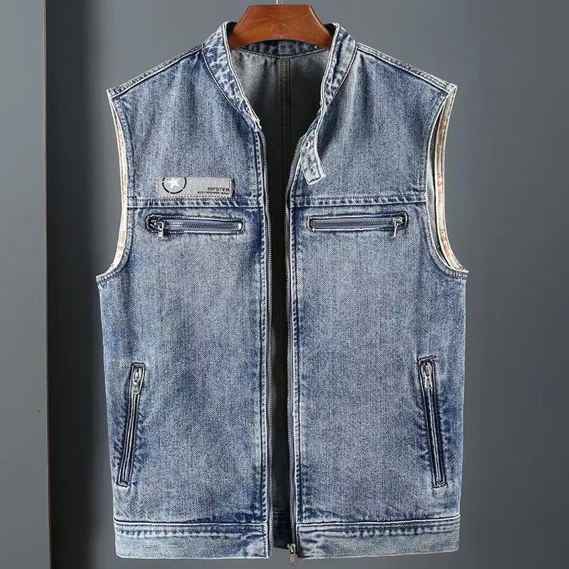 Summer Trendy Retro Loose Plus-Size Biker Vest Men's Trendy Stand Collar American Denim Vest Men