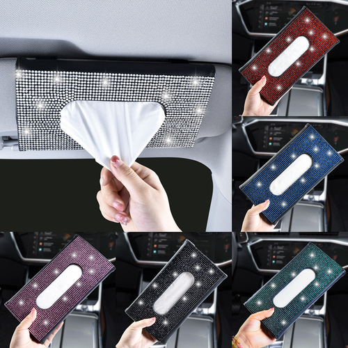 Car sun visor tissue box leather seat back diamond tissue holder creative fashion women's rhinestone car tissue box