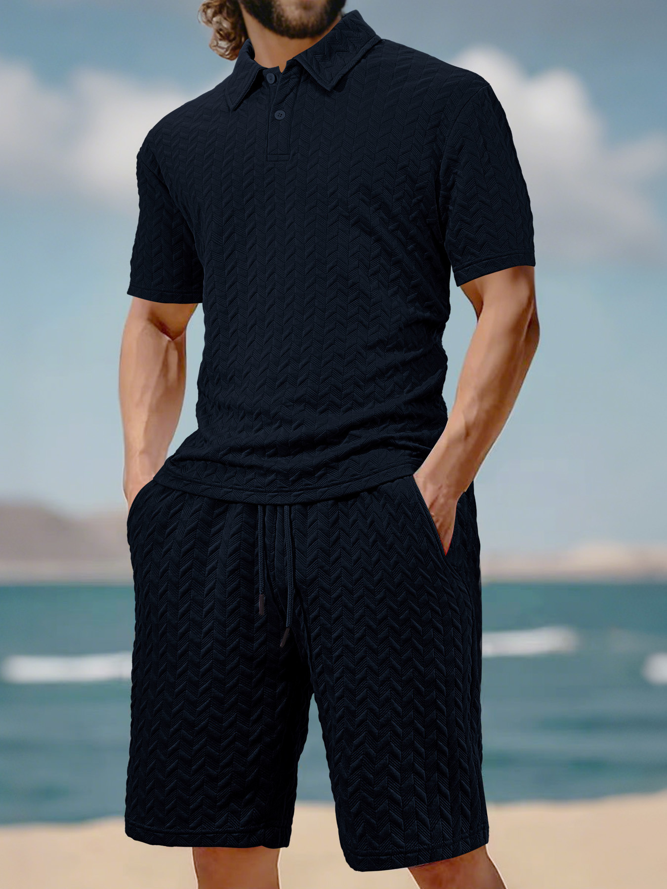 Cross-border nuevo hombre Jacquard Polo verano delgado con solapa cuadrada casual deportivo conjunto de mangas cortas para hombres