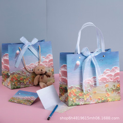 Sunrise and flowers blossom three-dimensional oil pastel gift bag holiday packaging tote bag birthday gift gift paper bag