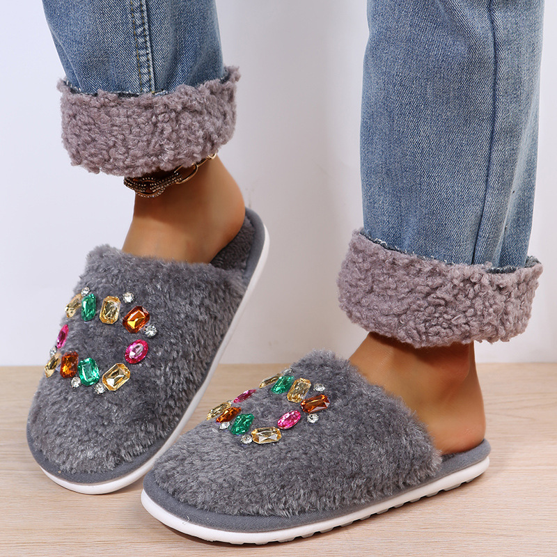 Colored Furry Rhinestone Flat Bottom Slippers NSKJX104248